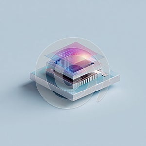 Futuristic microchip with glowing data layers. Represents innovation, processing, and advanced technology. Ideal for AI, software