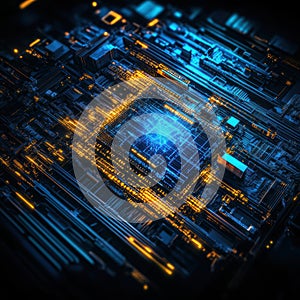 Futuristic microchip illuminating complex circuitry with artificial intelligence