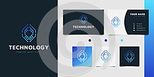Futuristic microchip logo design with blue gradient concept. Technology logo