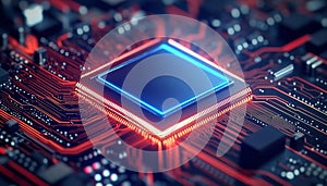 Futuristic microchip processor concept with dynamic circuits and advanced hardware design.
