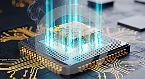Futuristic microchip processor with glowing blue data streams emanating