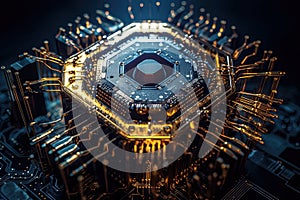 Futuristic microchip processor with lights on the blue background. Quantum computer, database concept.