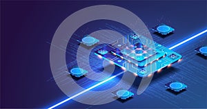 Futuristic microchip processor with lights on the blue background. Quantum computer, large data processing, database photo