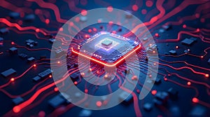 Futuristic Microchip Processor with Neon Red Illumination