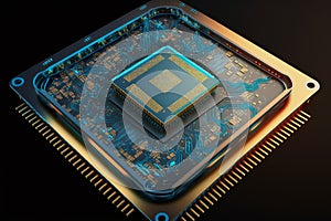 Futuristic microchip processor. Quantum computer, big data processing, database concept.