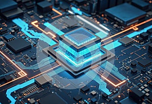 Futuristic microprocessor on a circuit board with glowing blue accents