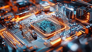 Futuristic Microprocessor Circuitry with Glowing Lights and High-Tech Details photo