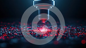A futuristic microscope with a red beam of light shining through it.