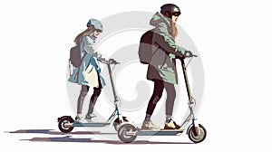 Futuristic Millennial Girl and Boy Enjoying Scooter Ride in Urban Environment photo