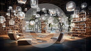 Futuristic mini library: An elegant space with smart bookshelves, interactive e-readers photo
