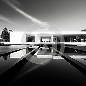 Futuristic Minimalism: Delicate Black And White House In Water