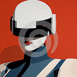 Futuristic Minimalism: Electric Helmet-wearing Woman And Mobile Robot Soldier