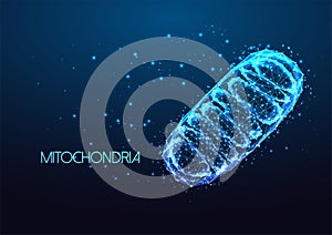 Futuristic mitochondria eukaryotic organelle in glowing low polygonal style isolated on dark blue