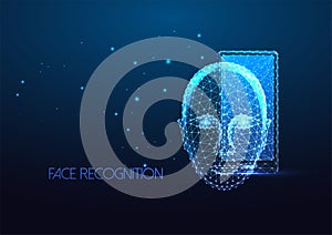 Futuristic mobile face recognition system concept with glowing smartphone and connect abstract face