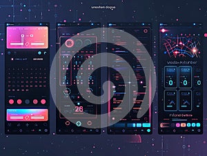 Futuristic mobile interface design showcasing data visualization and application layouts
