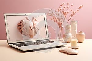 Futuristic model of a human heart on a laptop screen. On a pink background, a laptop, pink vases, a vessel with pink