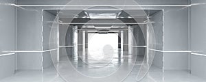 Futuristic modern abstract bright architecture basement hall tunnel 3d render illustration