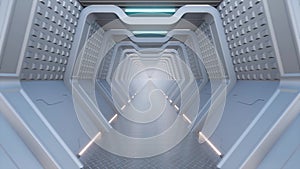 Futuristic modern architecture tunnel corridor with led lamp metallic floor