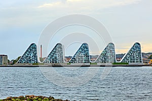 Futuristic modern buildings in denmark by the water