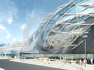 Futuristic modern design mega mall glass and steel.