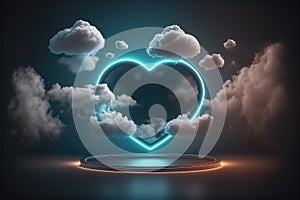 Futuristic Modern empty stage Reflective dark room with glowing heart with heart clouds. Generative AI