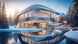 futuristic modern glass house, outdoor living concept, 3D rendering,