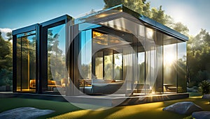 futuristic modern glass house, outdoor living concept, 3D rendering,