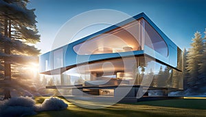 futuristic modern glass house, outdoor living concept, 3D rendering,