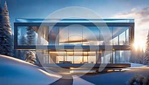 futuristic modern glass house, outdoor living concept, 3D rendering,