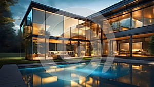 futuristic modern glass house, outdoor living concept, 3D rendering,