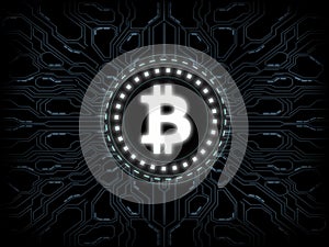 Futuristic modern glowing Bitcoin BTC led logo hologram hover over blue scifi background.