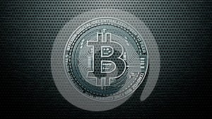 Futuristic modern glowing Bitcoin BTC led logo hologram hover over scifi metallic steel background. For crypto currency market photo