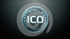 Futuristic modern glowing Initial Coin Offering ICO led logo hologram hover over metallic steel background. photo