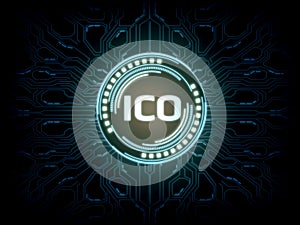 Futuristic modern glowing Initial Coin Offering ICO logo hologram hover over blue scifi circuit background.