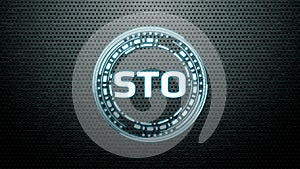 Futuristic modern glowing Security Token Offering STO led logo hologram hover over metallic steel background. photo
