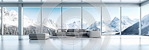 futuristic modern light white living room interior, huge windows overlooking beautiful snowy mountain landscape, minimalist