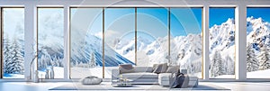 futuristic modern light white living room interior, huge windows overlooking beautiful snowy mountain landscape, minimalist