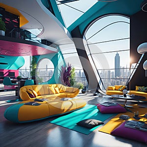 Futuristic Modern Living Room Interior Of Penthouse Loft, Large Windows, Stairs To Second Floor, Sofa and Armchairs, City View,