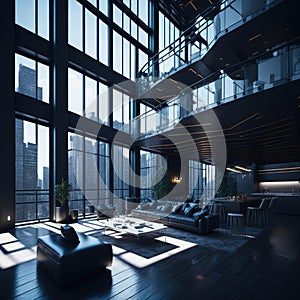 Futuristic Modern Living Room Interior Of Penthouse Loft, Large Windows, Stairs To Second Floor, Sofa and Armchairs, City View,