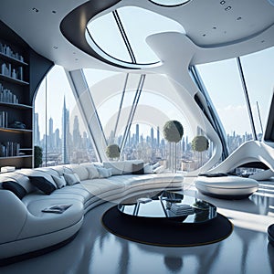 Futuristic Modern Living Room Interior Of Penthouse Loft, Large Windows, Stairs To Second Floor, Sofa and Armchairs, City View,