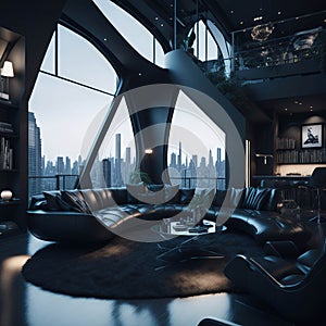 Futuristic Modern Living Room Interior Of Penthouse Loft, Large Windows, Stairs To Second Floor, Sofa and Armchairs, City View,