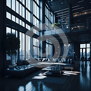 Futuristic Modern Living Room Interior Of Penthouse Loft, Large Windows, Stairs To Second Floor, Sofa and Armchairs, City View,