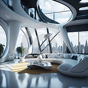 Futuristic Modern Living Room Interior Of Penthouse Loft, Large Windows, Stairs To Second Floor, Sofa and Armchairs, City View,