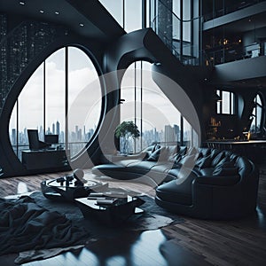 Futuristic Modern Living Room Interior Of Penthouse Loft, Large Windows, Stairs To Second Floor, Sofa and Armchairs, City View,