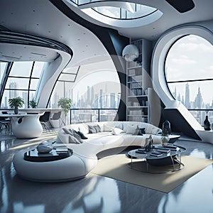Futuristic Modern Living Room Interior Of Penthouse Loft, Large Windows, Stairs To Second Floor, Sofa and Armchairs, City View,