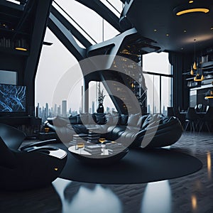 Futuristic Modern Living Room Interior Of Penthouse Loft, Large Windows, Stairs To Second Floor, Sofa and Armchairs, City View,