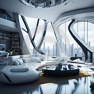 Futuristic Modern Living Room Interior Of Penthouse Loft, Large Windows, Stairs To Second Floor, Sofa and Armchairs, City View,