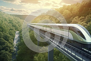 futuristic, modern Maglev train passing on mono rail. Ecological future concept. Aerial nature view. 3d rendering