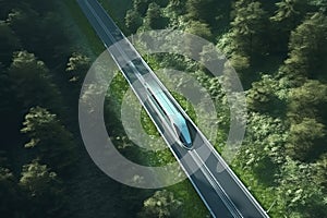 futuristic, modern Maglev train passing on mono rail. Ecological future concept. Aerial nature view. 3d rendering