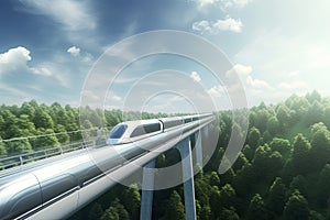 futuristic, modern Maglev train passing on mono rail. Ecological future concept. Aerial nature view. 3d rendering